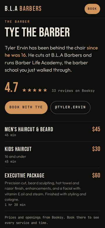 Barber section with rating and prices